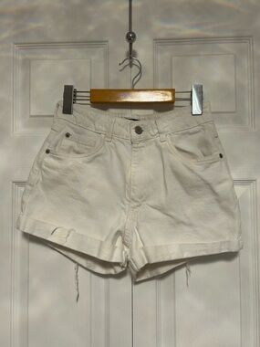 High-Rise White Denim Jean Shorts with Rolled Hem
